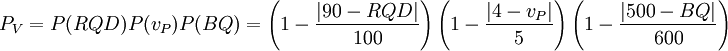 P_{V}=P(RQD)P(v_P)P(BQ)=\left(1-\frac{\left|90-RQD\right|}{100}\right)\left(1-\frac{\left|4-v_P\right|}{5}\right)\left(1-\frac{\left|500-BQ\right|}{600}\right)