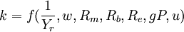 k=f(\frac{1}{Y_r},w,R_m,R_b,R_e,gP,u)