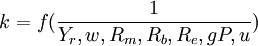 k=f(\frac{1}{Y_r,w,R_m,R_b,R_e,gP,u})