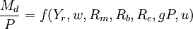\frac{M_d}{P}=f(Y_r,w,R_m,R_b,R_e,gP,u)