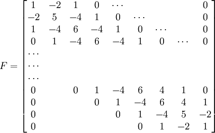 F= \begin{bmatrix} 1 & -2 & 1 & 0 & \cdots & & & & 0 \\ -2 & 5 & -4 & 1 & 0 & \cdots & & & 0 \\ 1 & -4 & 6 & -4 & 1 & 0 & \cdots & & 0 \\ 0 & 1 & -4 & 6 & -4 & 1 & 0 & \cdots & 0 \\ \cdots \\ \cdots \\ \cdots \\ 0 & & 0 & 1 & -4 & 6 & 4 & 1 & 0 \\ 0 & & & 0 & 1 & -4 & 6 & 4 & 1 \\ 0 & & & & 0 & 1 & -4 & 5 & -2 \\ 0 & & & & & 0 & 1 & -2 & 1 \end{bmatrix}