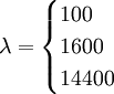 \lambda= \begin{cases} 100 \\ 1600 \\ 14400 \end{cases}