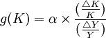 g(K)=\alpha\times\frac{(\frac{\triangle{K}}{K})}{(\frac{\triangle{Y}}{Y})}