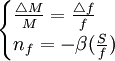 \begin{cases}\frac{\triangle M}{M}=\frac{\triangle f}{f}\\n_f=-\beta(\frac{S}{f})\end{cases}